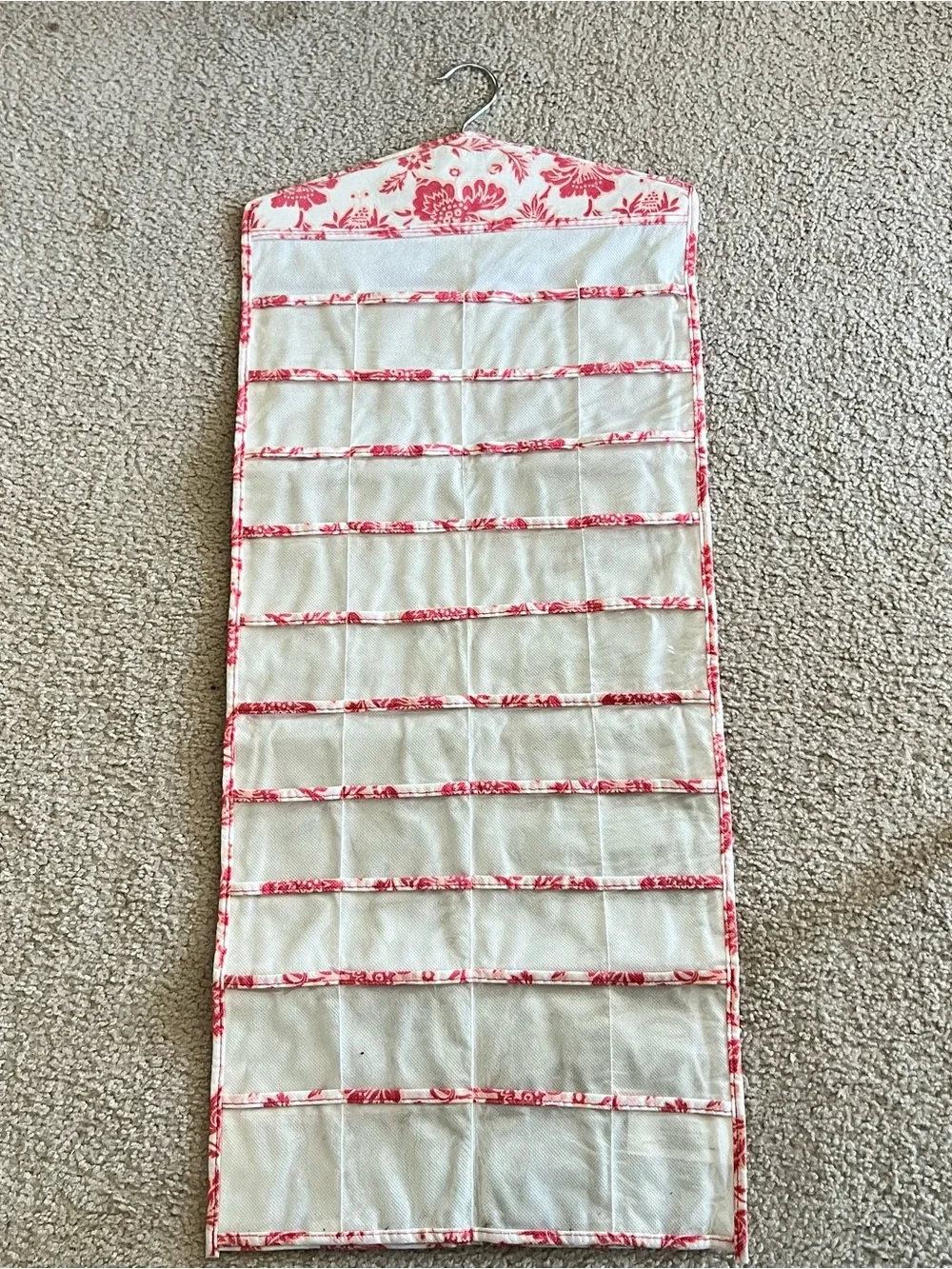 Hanging Pink Floral Trim Jewelry Organizer with Clear Pockets